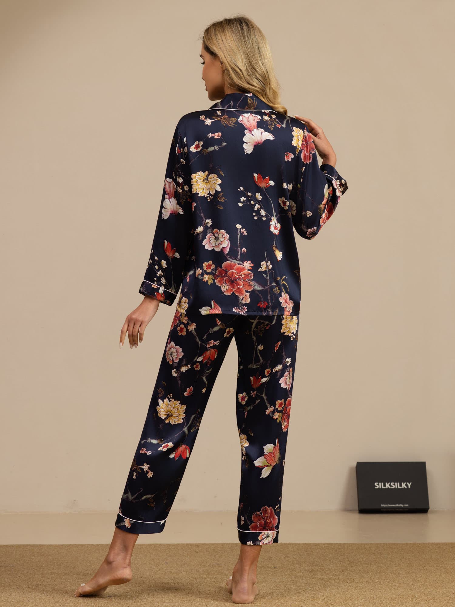 [Floral Azul Marino] SilkSilky-ES Long Sleeve Lapel Collar Pijamas de mujer 002