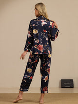 [Floral Azul Marino] SilkSilky-ES Long Sleeve Lapel Collar Pijamas de mujer 002