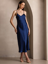 [Azul Oscuro] SilkSilky-ES Spaghetti Strap V Neck Vestido 005