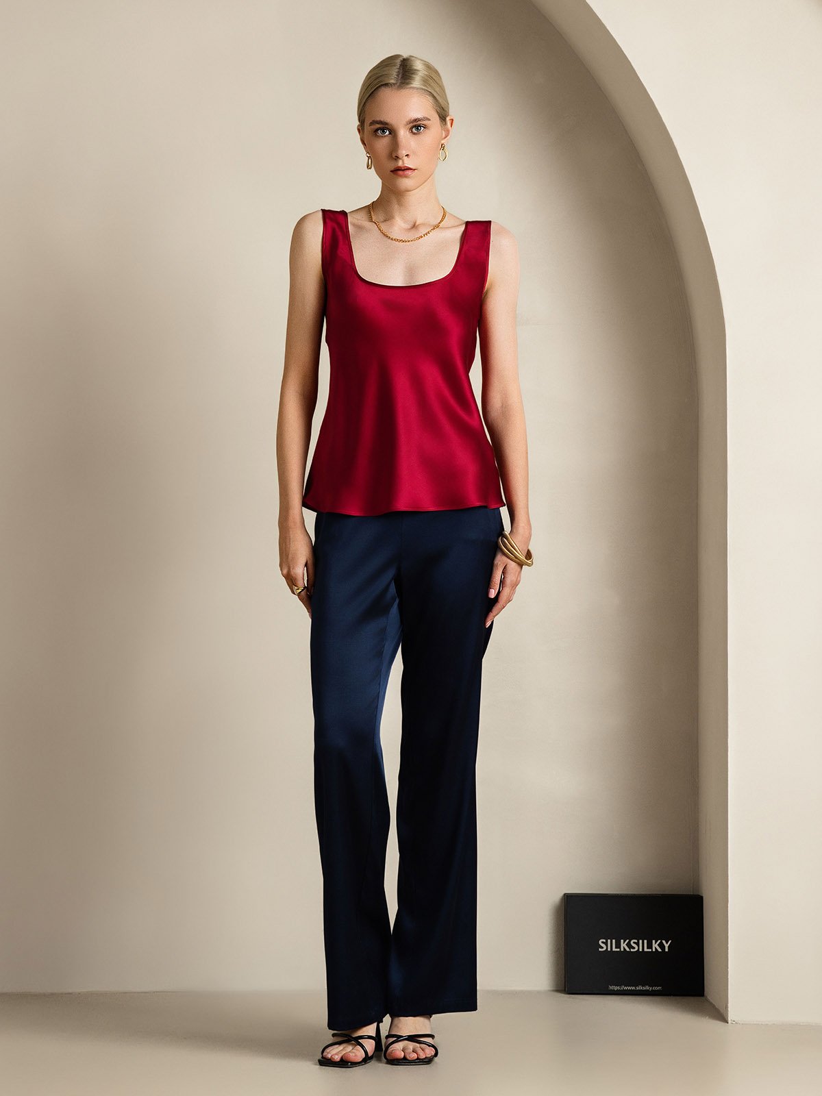 [Vino] SilkSilky-ES 19Momme Seda Cuello en U Top de tirantes 006