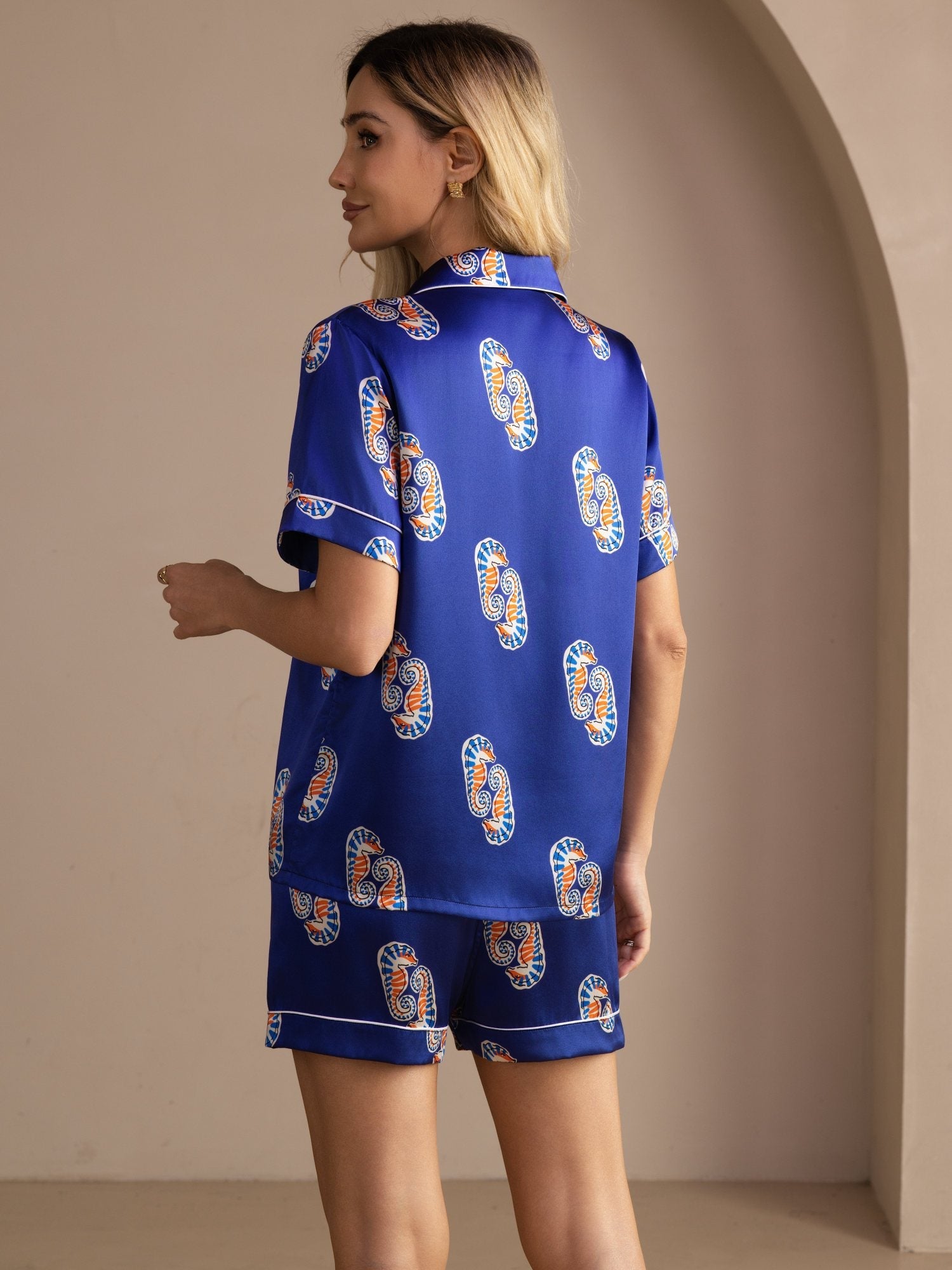 [Caballito de Mar Marino] SilkSilky-ES Short Sleeve Lapel Collar Pijamas de mujer 002