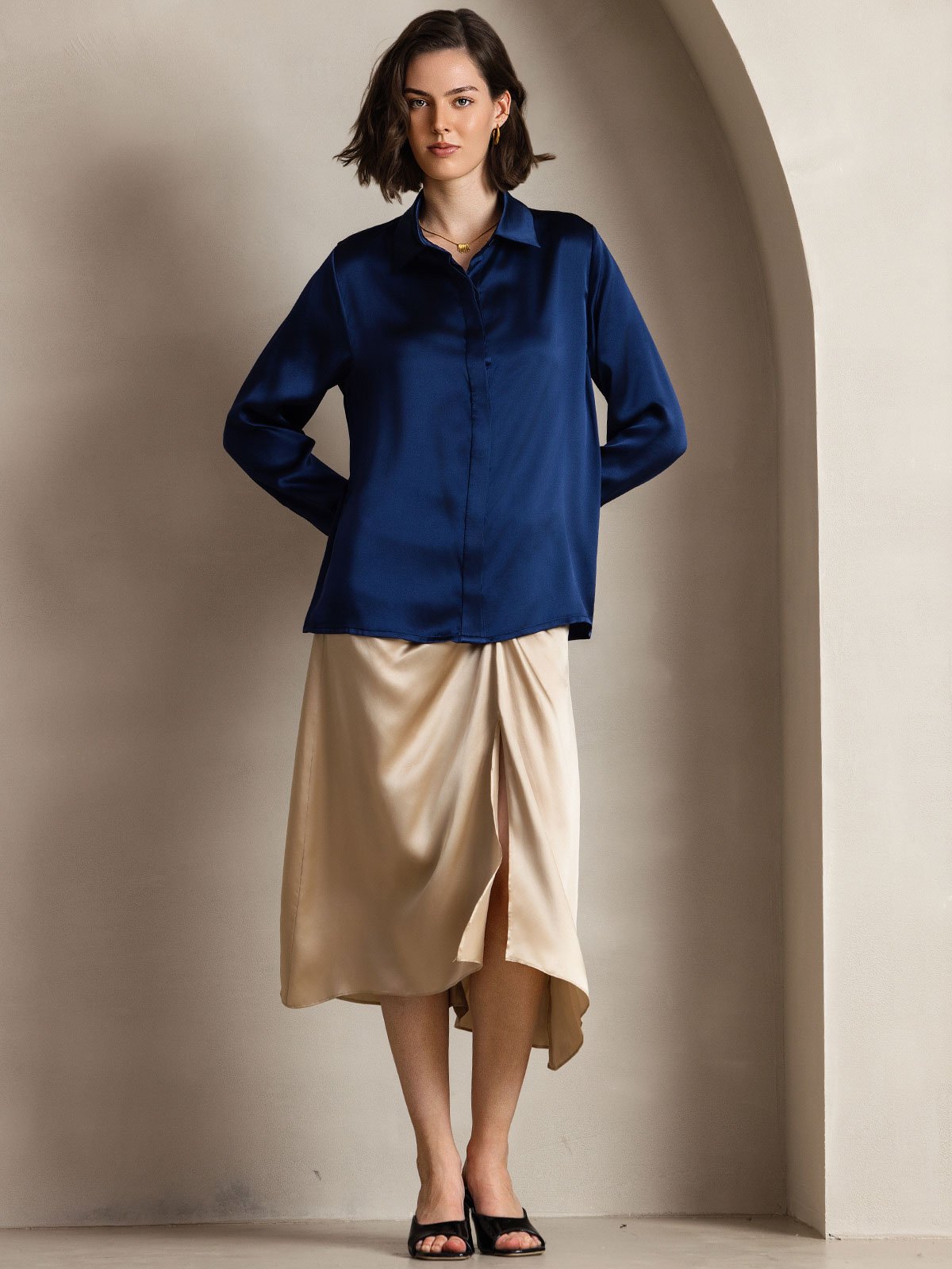 [Azul Oscuro] SilkSilky-ES 19Momme Seda Manga larga Cuello Camisero Blusas de Mujer 004