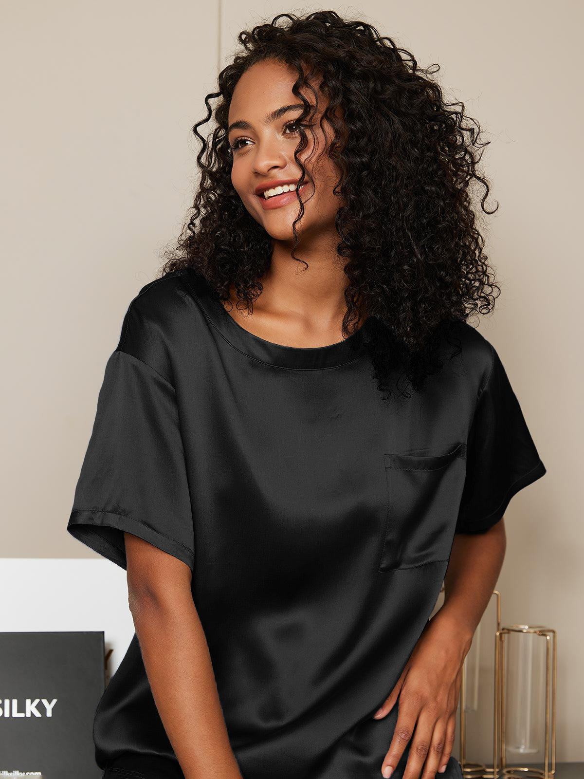 [Negro] SilkSilky-ES Seda Pura Womens Pajamas 003