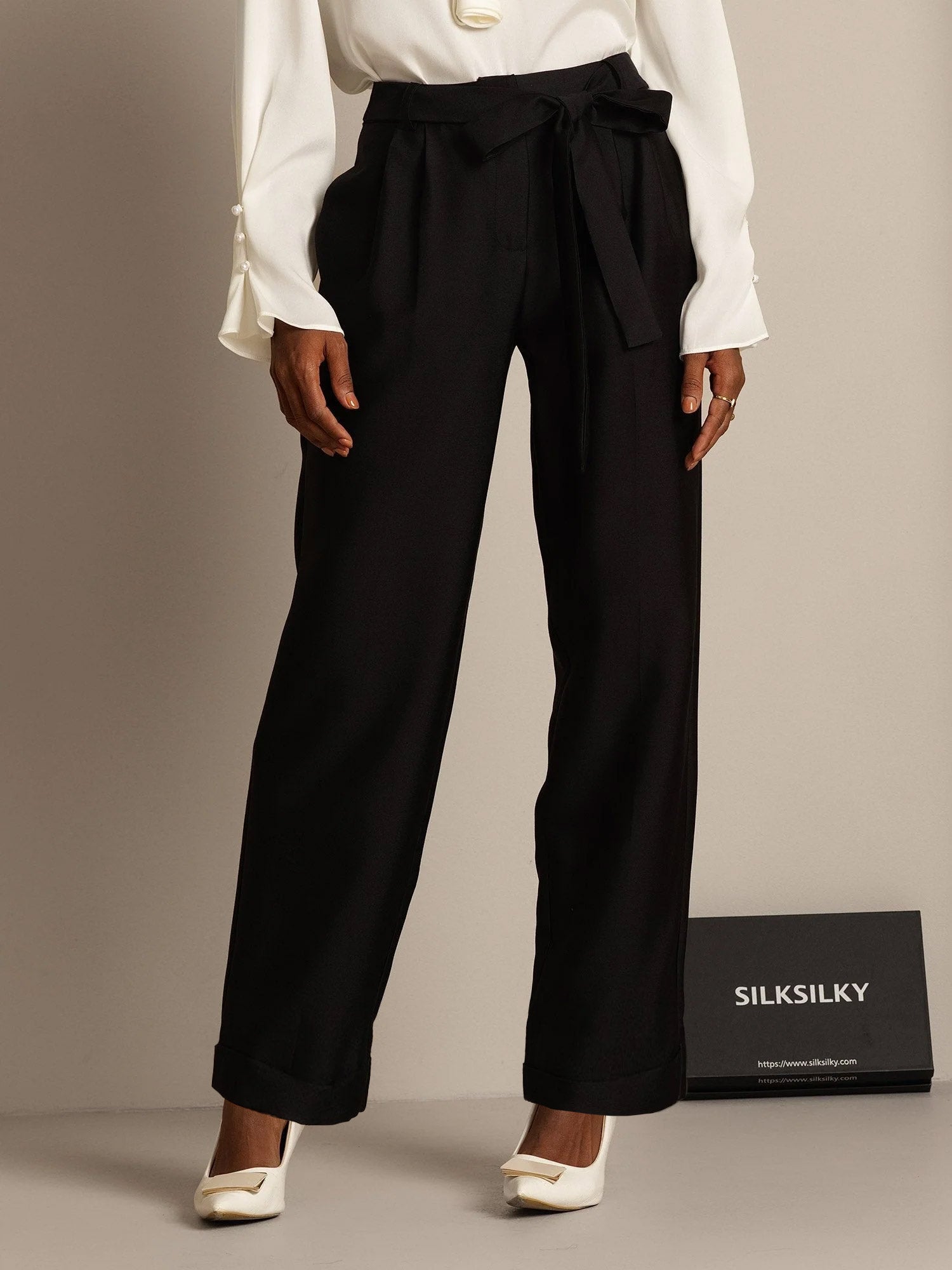 [Negro] SilkSilky-ES 32Momme Seda Womens Pants 001