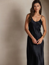 [Negro] SilkSilky-ES Spaghetti Strap V Neck Vestido 003