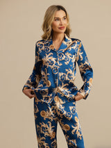 [Dragón Navy] SilkSilky-ES Long Sleeve Lapel Collar Pijamas de mujer 006