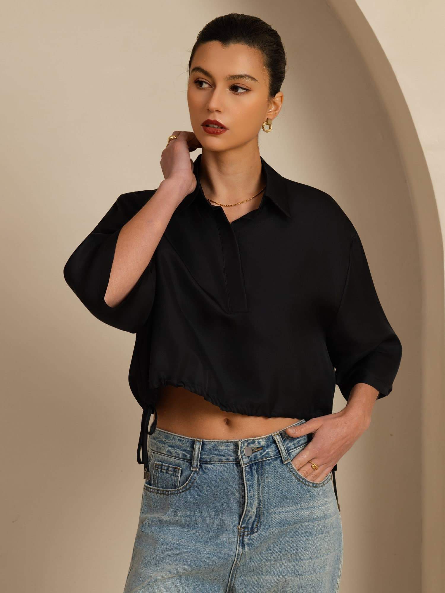 [Negro] SilkSilky-ES 18Momme A metà Cuello con Solapa Blusa 003