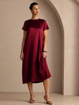 [Rojo Oscuro] SilkSilky-ES Short Sleeve Crew Neck Vestido 001