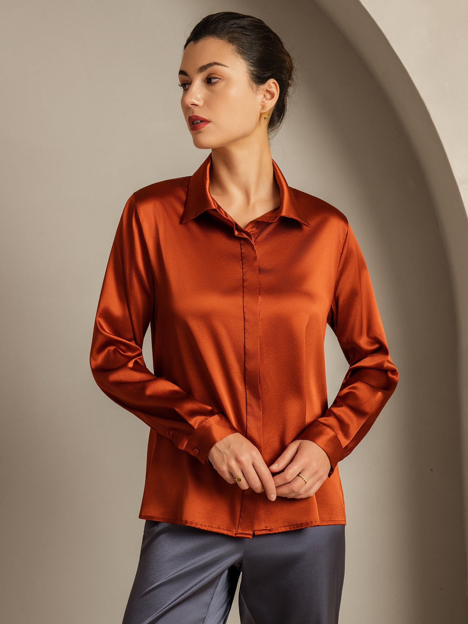 [Caramelo] SilkSilky-ES 19Momme Seda Cuello Camisero Blusas de Mujer 001
