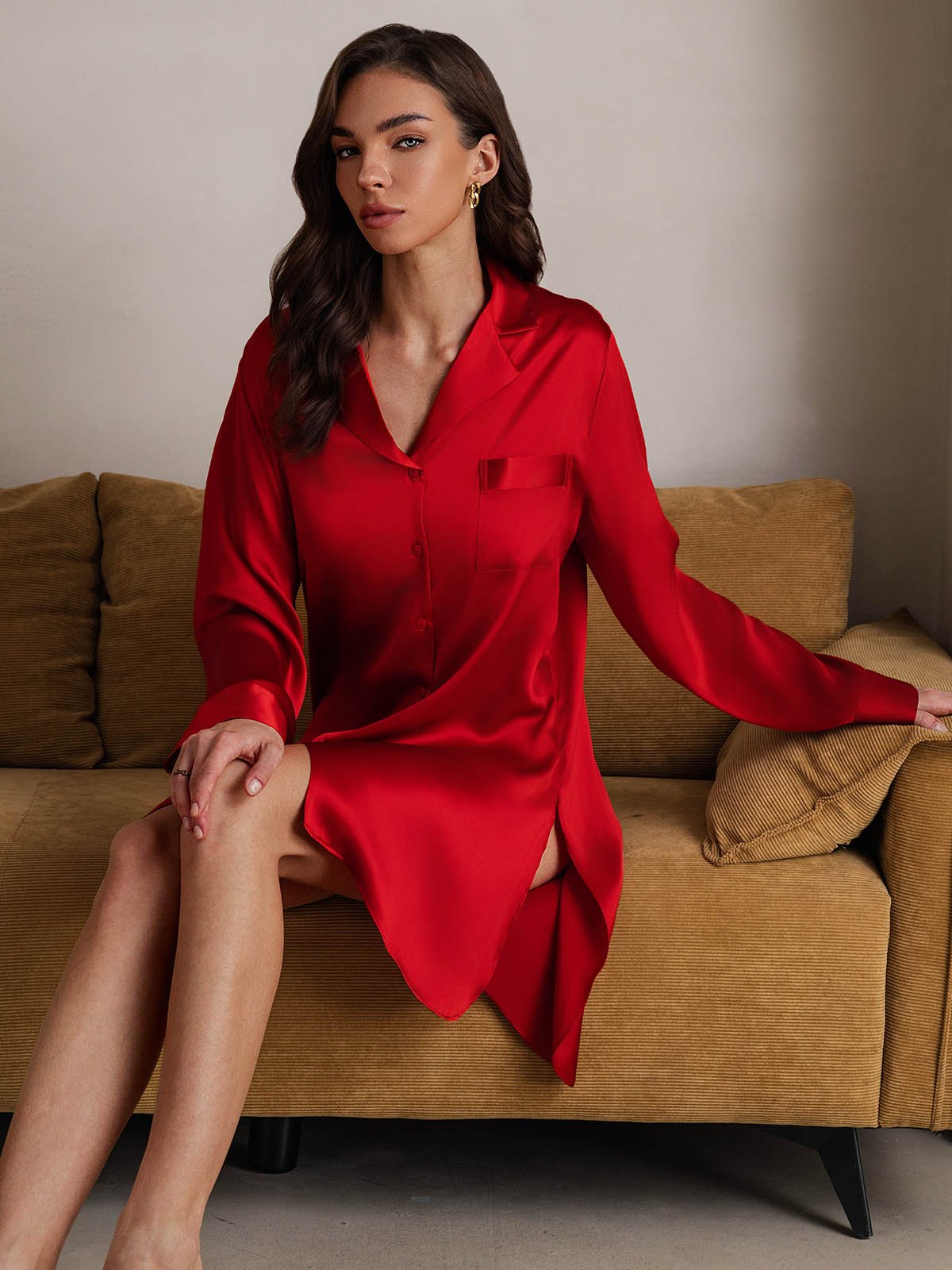[Rojo] SilkSilky-ES Seda Pura Cuello Camisero Camisón 007