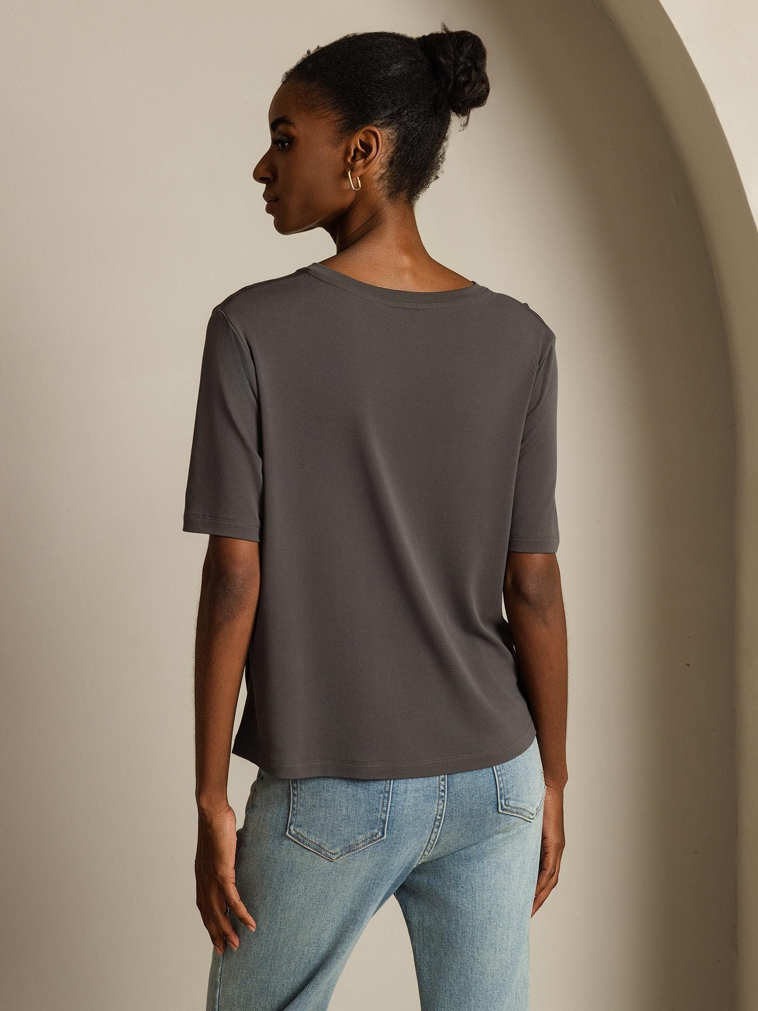 [Gris] SilkSilky-ES Seda Pura Cuello en V Camisetas de Mujer 002