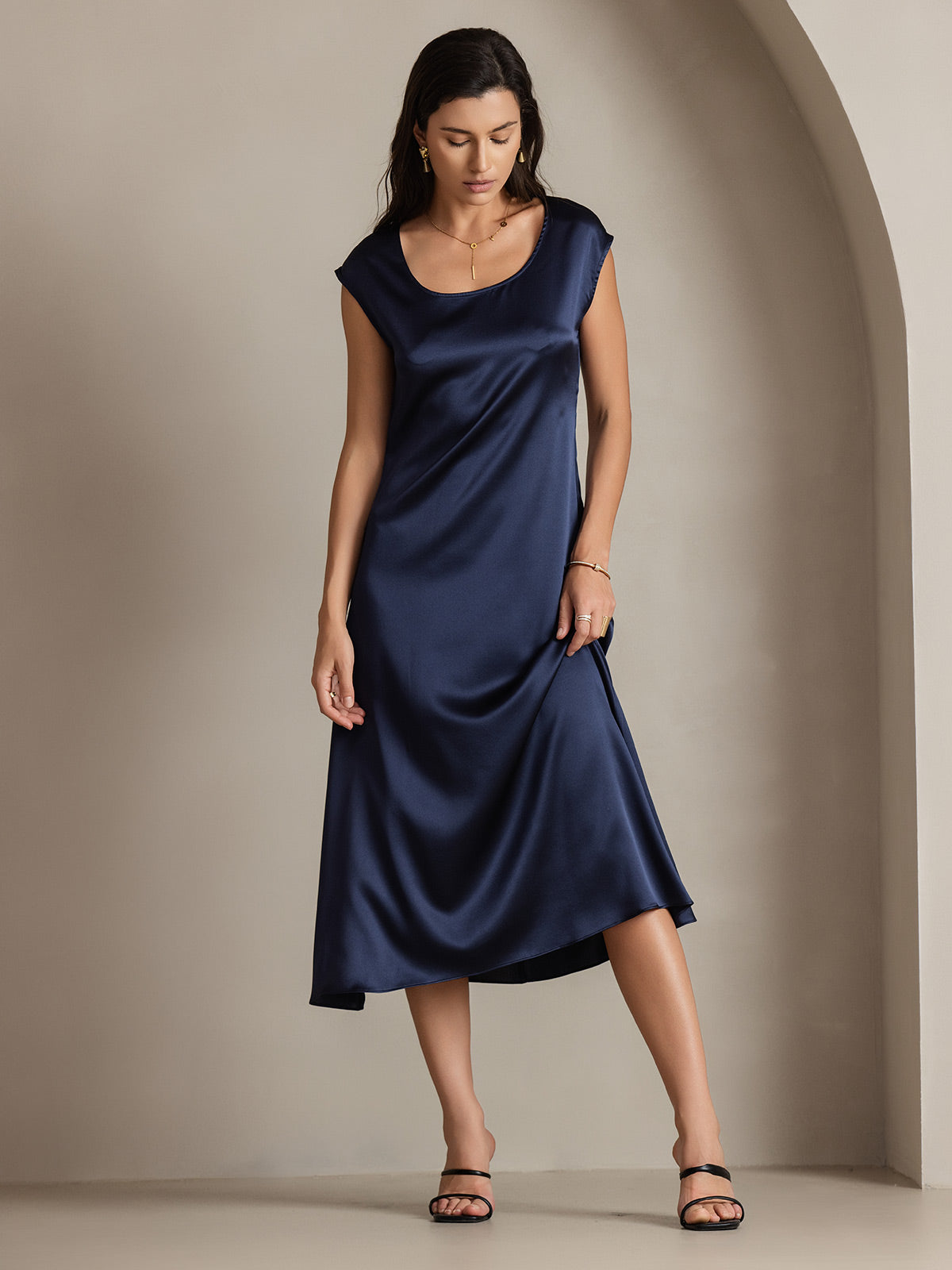 [Azul Oscuro] SilkSilky-ES 19Momme Seda Dress 004