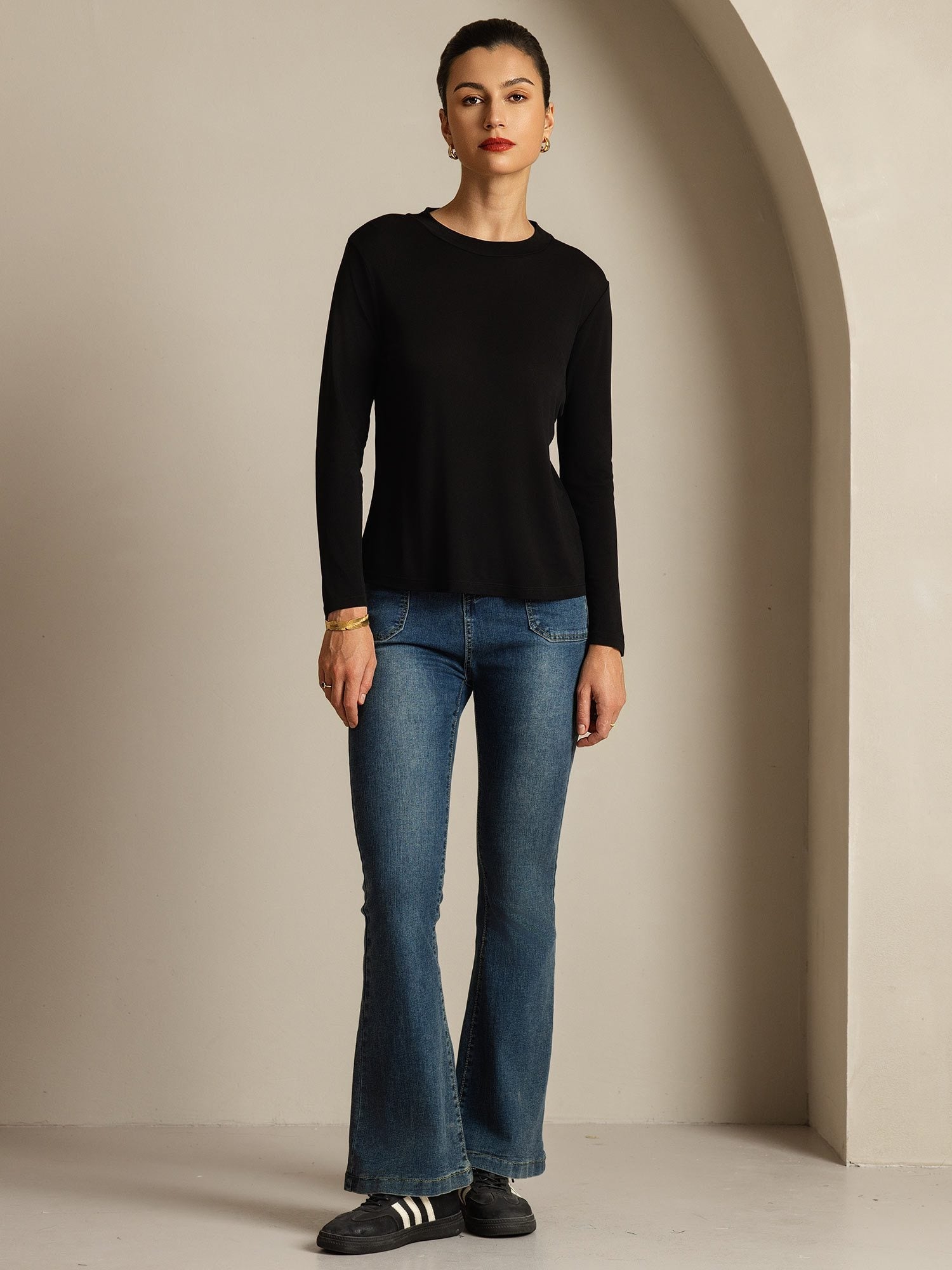 [Negro] SilkSilky-ES Seda Pura Womens T-Shirt 008
