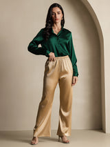 [Verde Oscuro] SilkSilky-ES Long Sleeve Lapel Collar Blusas de Mujer 009