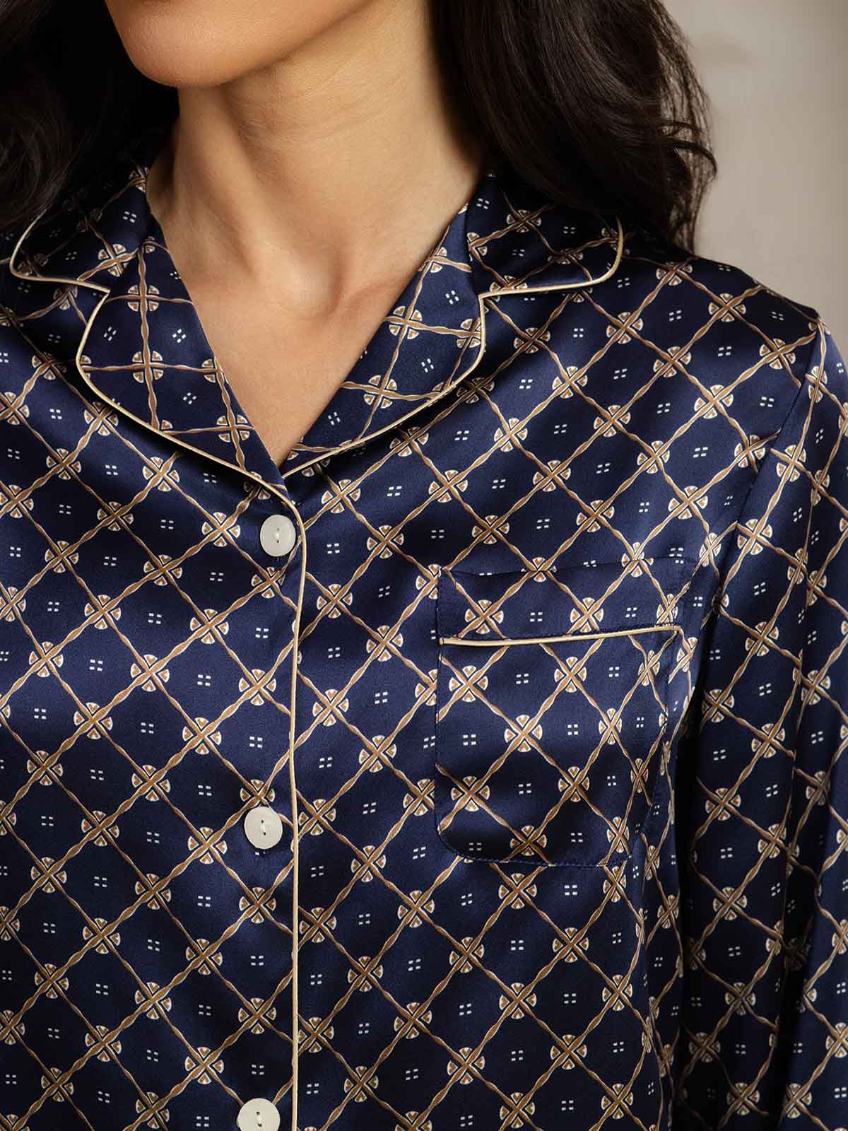 [Cadena Azul Marino] SilkSilky-ES Seda Pura Womens Pajamas 006