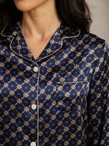 [Cadena Azul Marino] SilkSilky-ES Seda Pura Womens Pajamas 006,