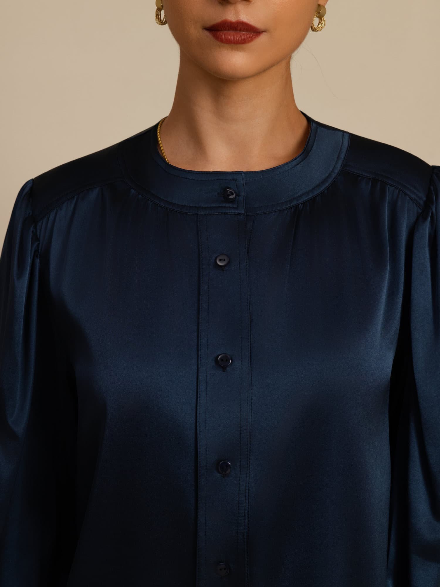 [Azul Oscuro] SilkSilky-ES 19Momme Long Sleeve Round Neck Blusa 006