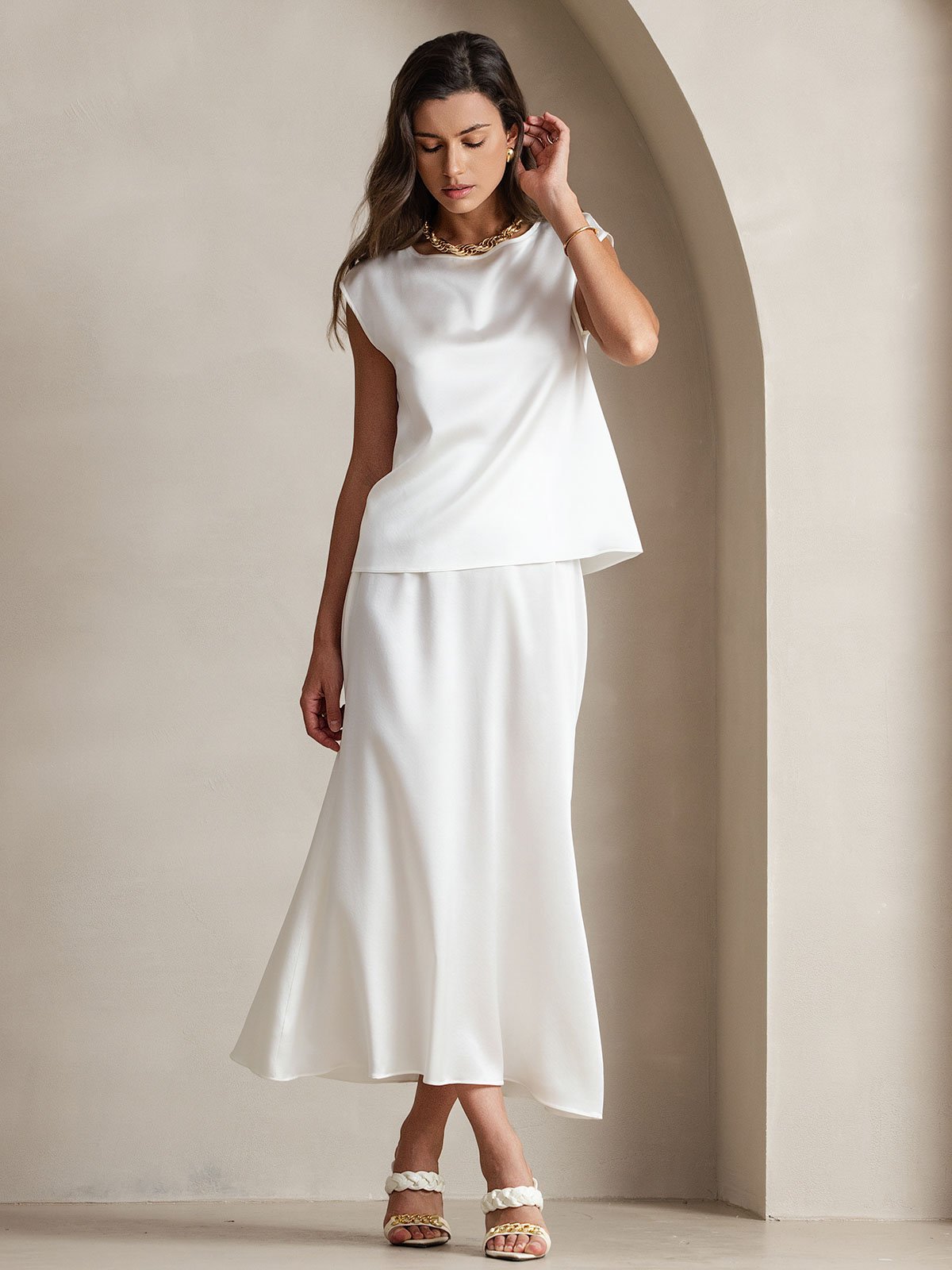 [Blanco] SilkSilky-ES 19Momme Seda Womens T-Shirt 004