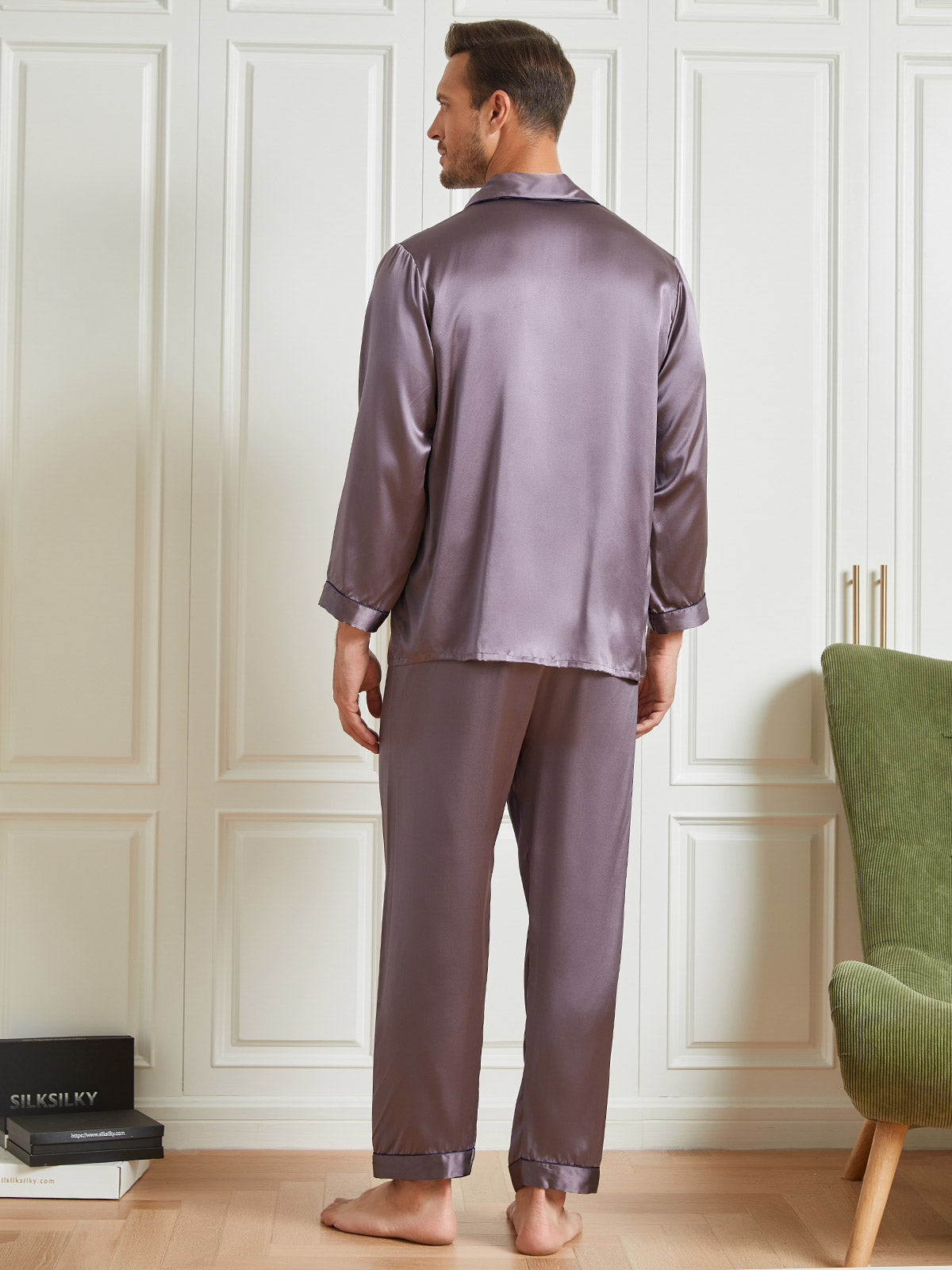 [Gris Púrpura] SilkSilky-ES 19Momme Seda Pura Mens Pajamas 002