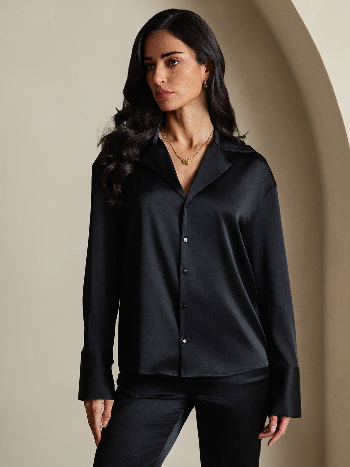 [Negro] SilkSilky-ES 19Momme Seda Womens Shirt 004