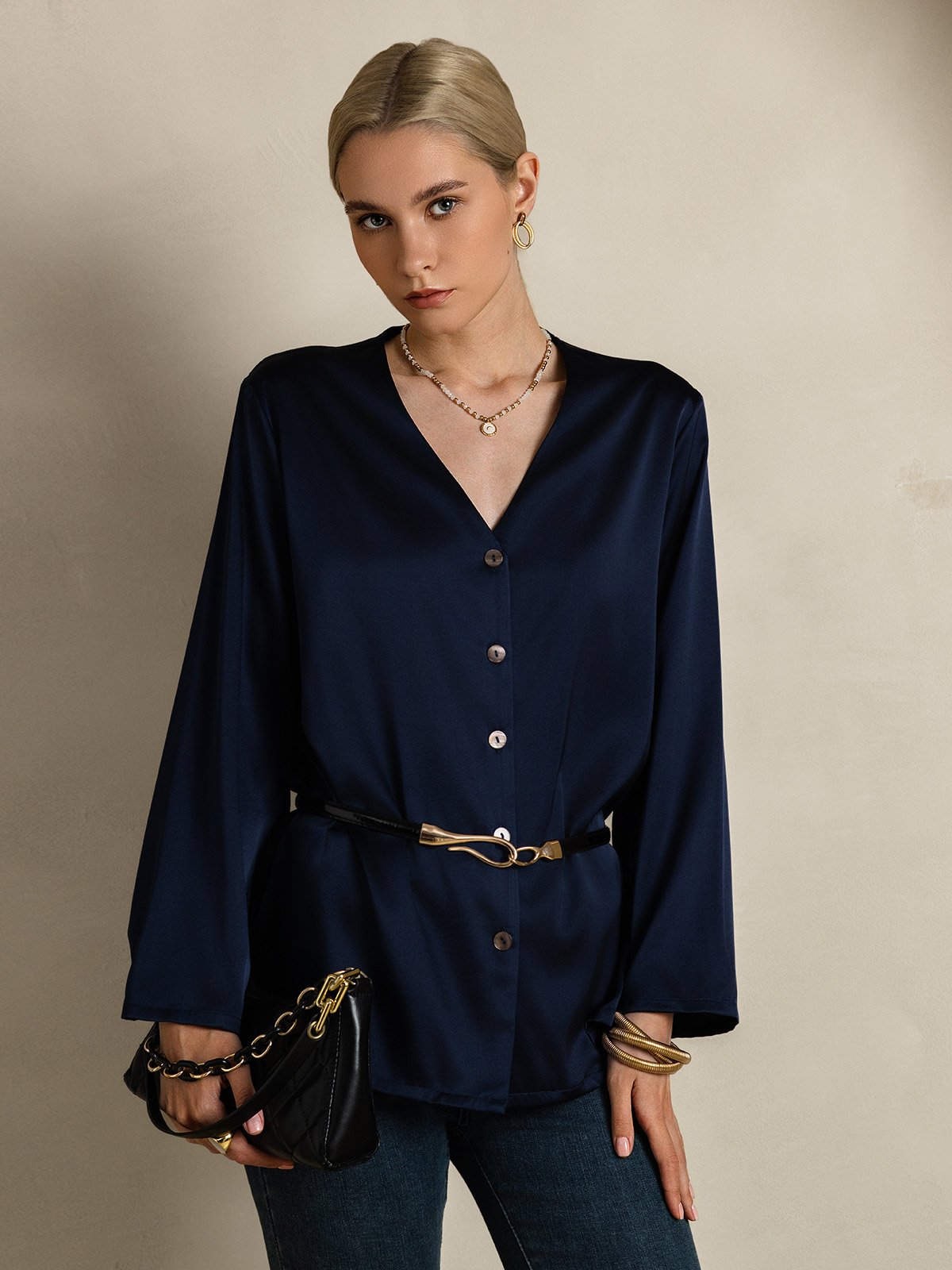 SilkSilky-ES 19Momme Seda Manga larga Cuello en V Blusas de Mujer AzulOscuro 004