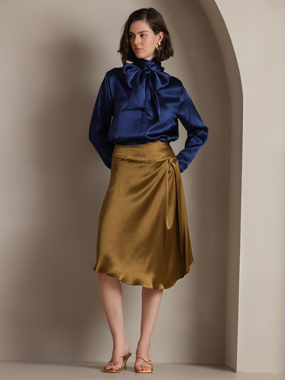 [Azul Oscuro] SilkSilky-ES 19Momme Seda Manga larga Corbata Blusas de Mujer 001