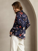 [Floral Azul Marino] SilkSilky-ES Long Sleeve Lapel Collar Blusas de Mujer 002