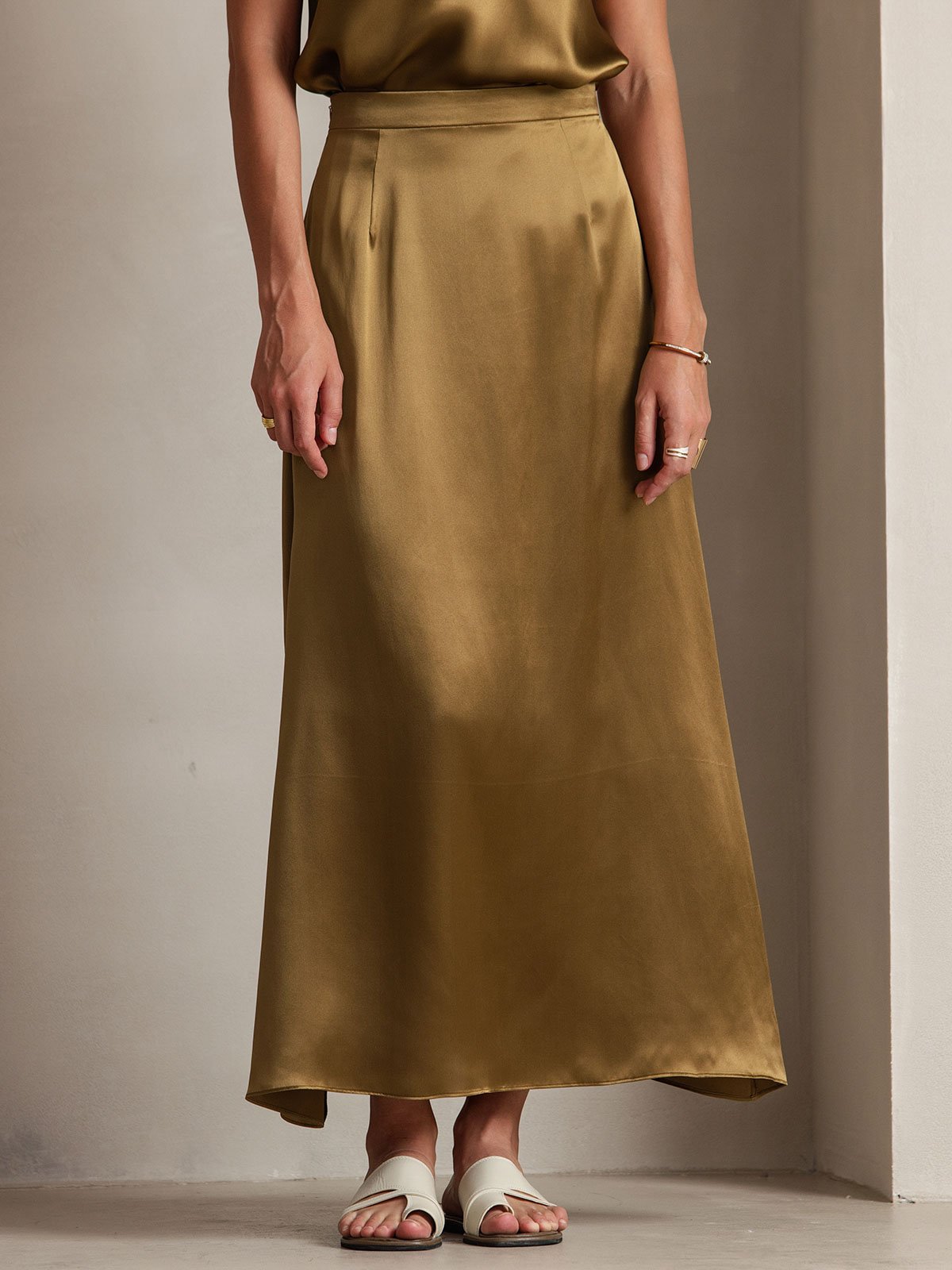 [Marrón] SilkSilky-ES 19Momme Seda Skirt 001