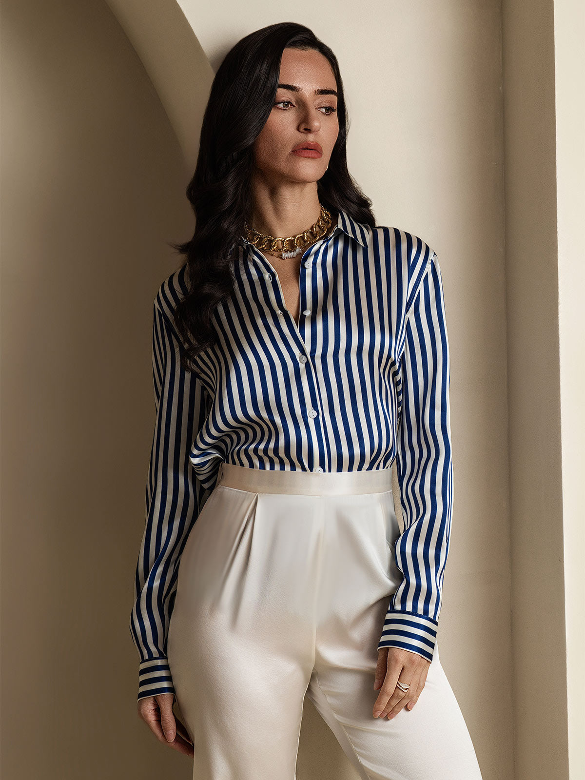 [Azul] SilkSilky-ES Seda Lapel Collar Blusas de Mujer 004