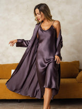 [Gris Púrpura] SilkSilky-ES Long Sleeve V Neck Conjunto de camisón y bata 001