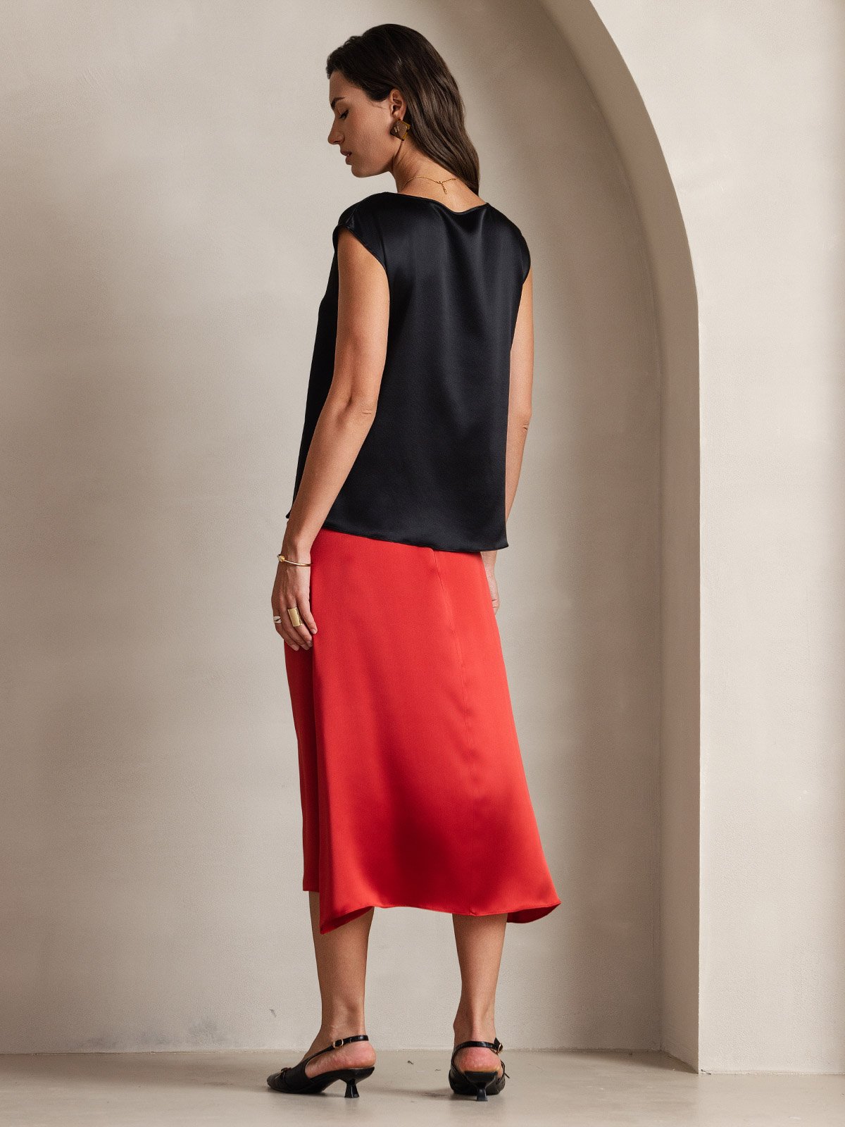 [Negro] SilkSilky-ES 19Momme Seda Womens T-Shirt 002