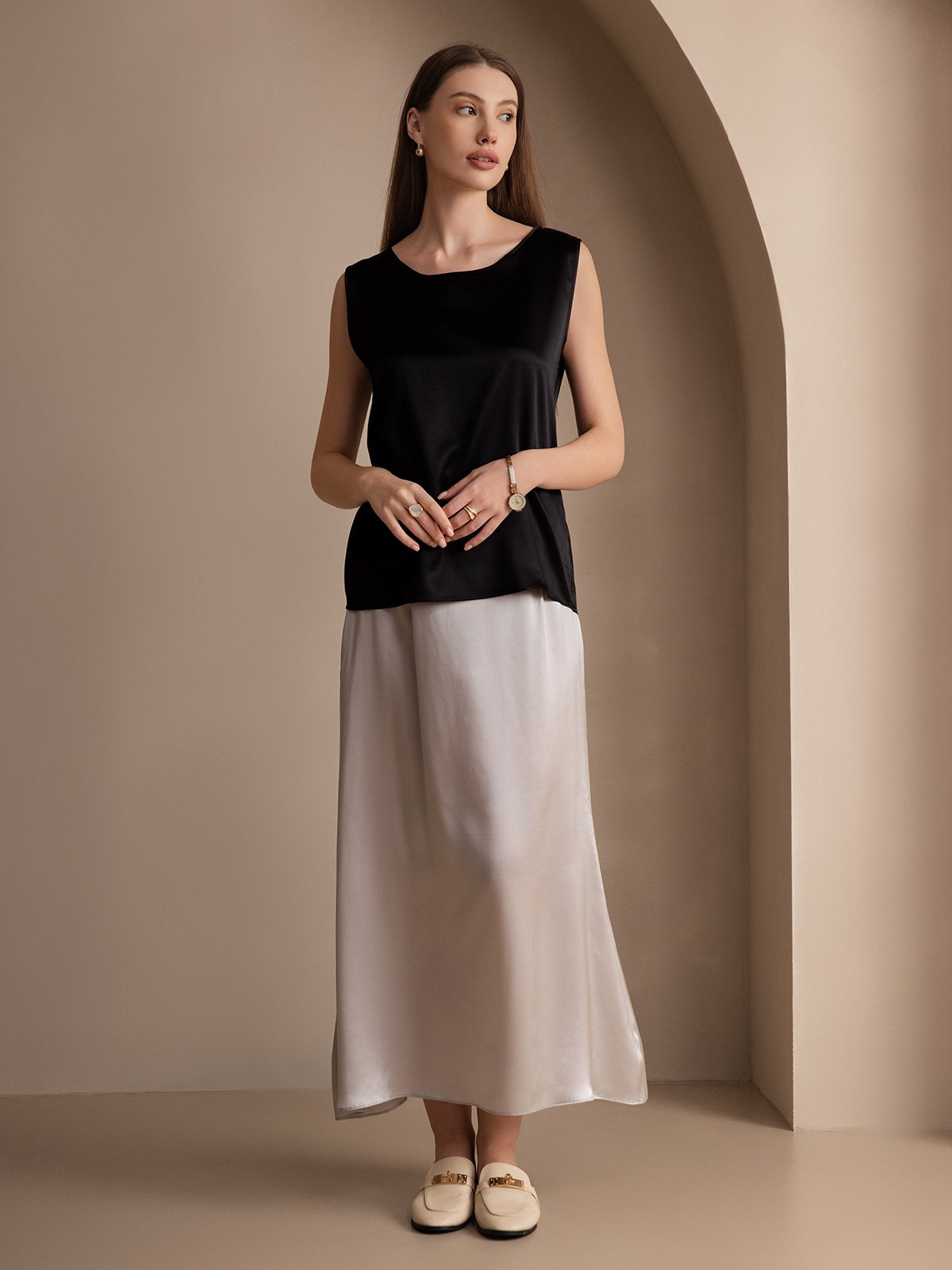 [Negro] SilkSilky-ES 19Momme Seda Camisoles 005