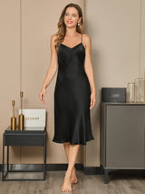 [Negro] SilkSilky-ES Spaghetti Strap V Neck Vestido 002