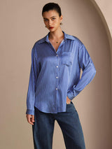 [Raya Diplomática Azul] SilkSilky-ES Long Sleeve Lapel Collar Blusas de Mujer 003
