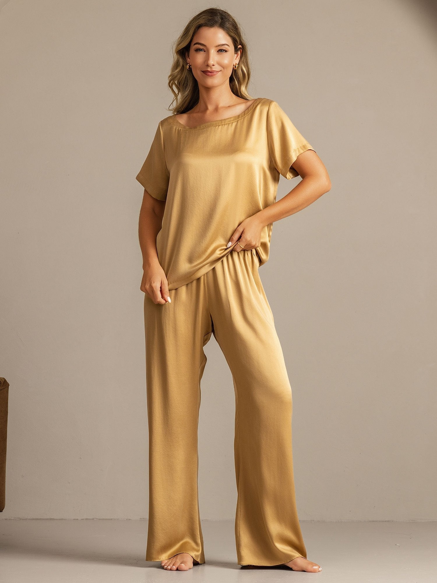 [MarrónClaro] SilkSilky-ES 19Momme Seda Womens Pajamas 005