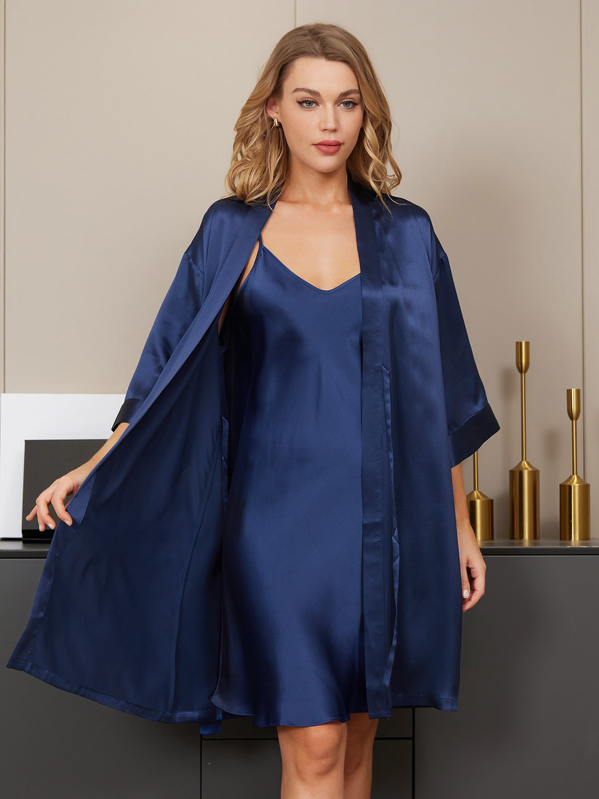 [Azul Oscuro] SilkSilky-ES Seda Pura Cuello en V Conjunto de camisón y bata 005