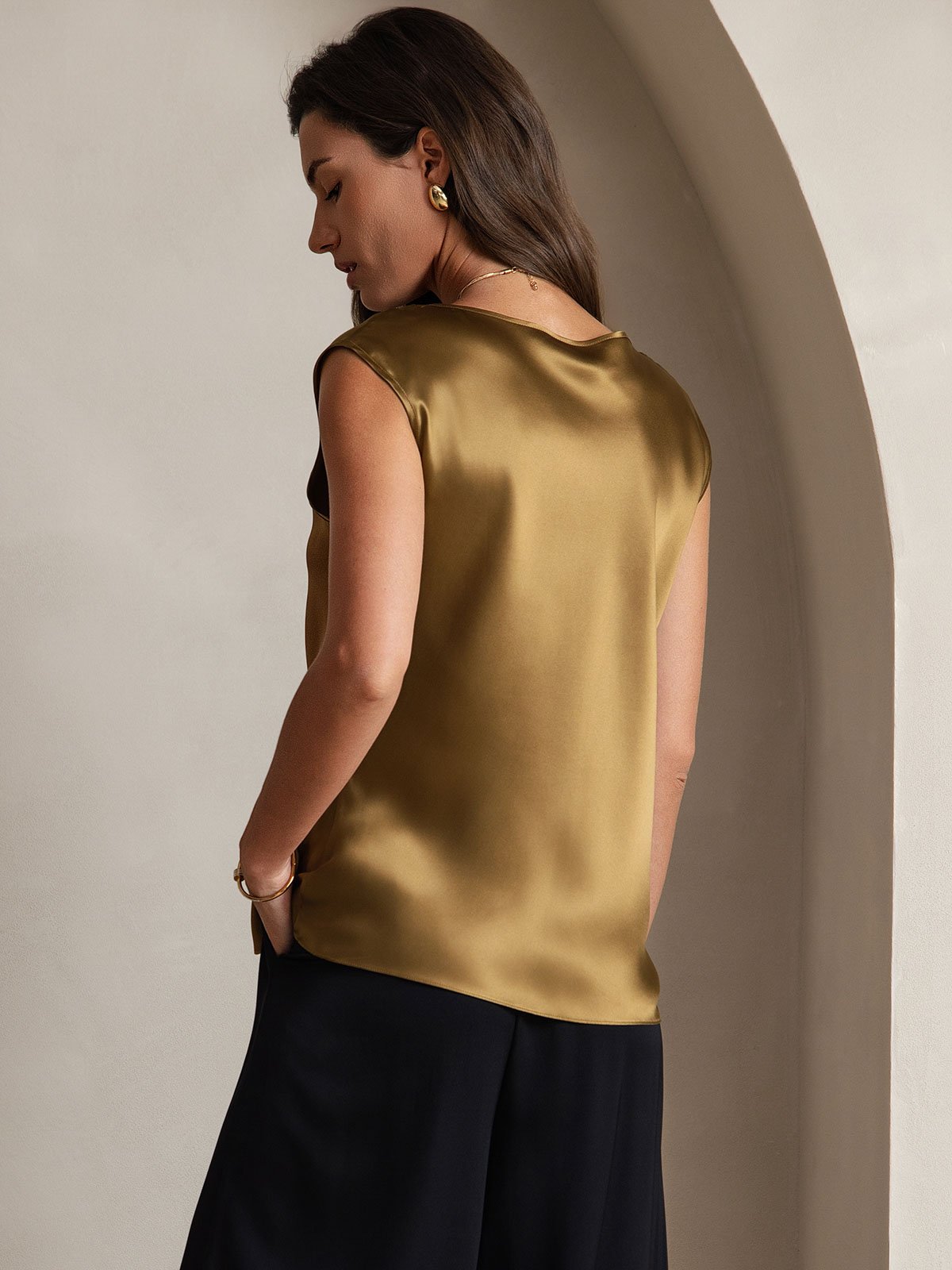 [Marrón] SilkSilky-ES 19Momme Seda Womens T-Shirt 002