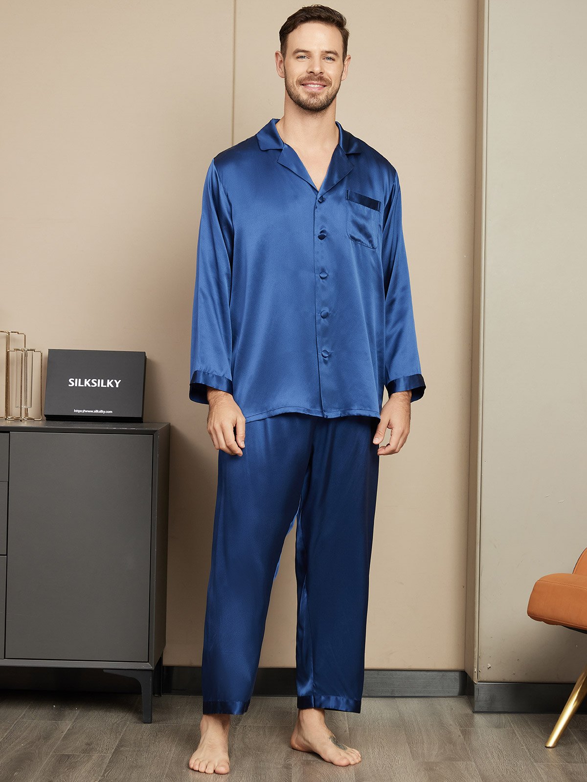[Azul Oscuro] SilkSilky-ES Seda Pura Mens Pajamas 001