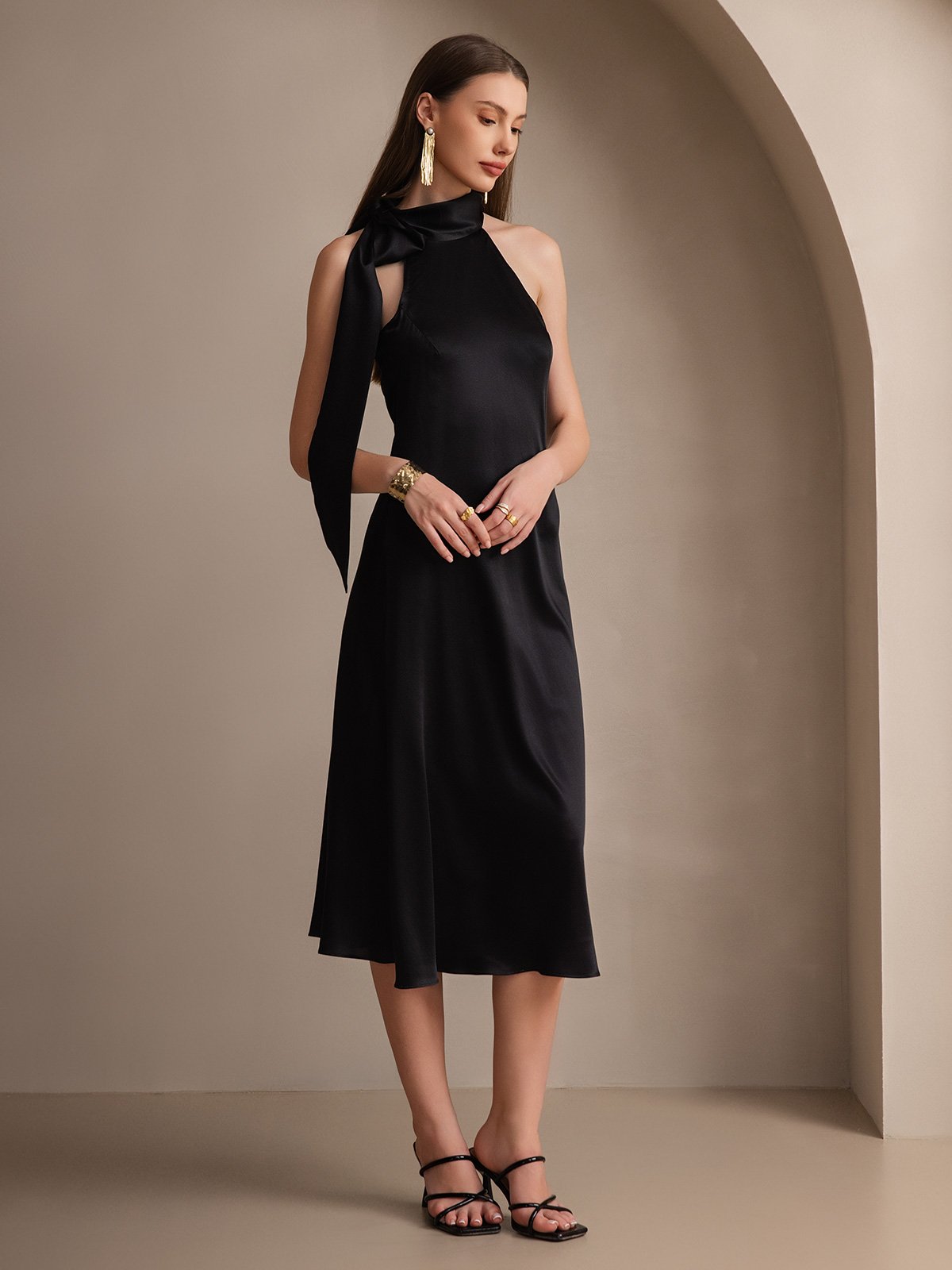 [Negro] SilkSilky-ES 19Momme Seda Sin mangas Corbata Vestido 006