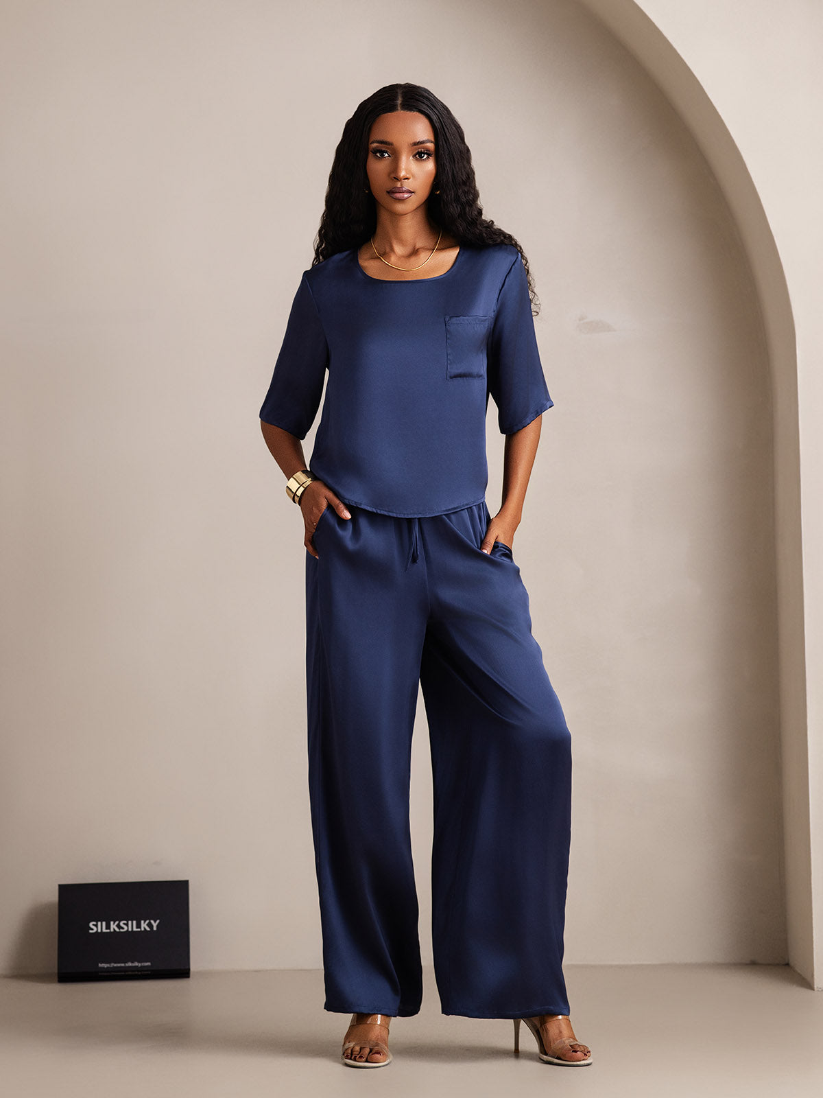[Azul Oscuro] SilkSilky-ES Seda Pura Womens Pajamas 001
