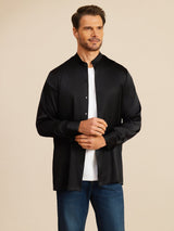 [Negro] SilkSilky-ES Long Sleeve Stand Collar Camisa de hombre 004