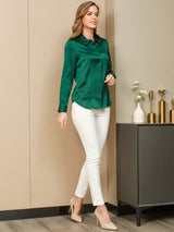 [Verde Oscuro] SilkSilky-ES Long Sleeve Lapel Collar Blusas de Mujer 006