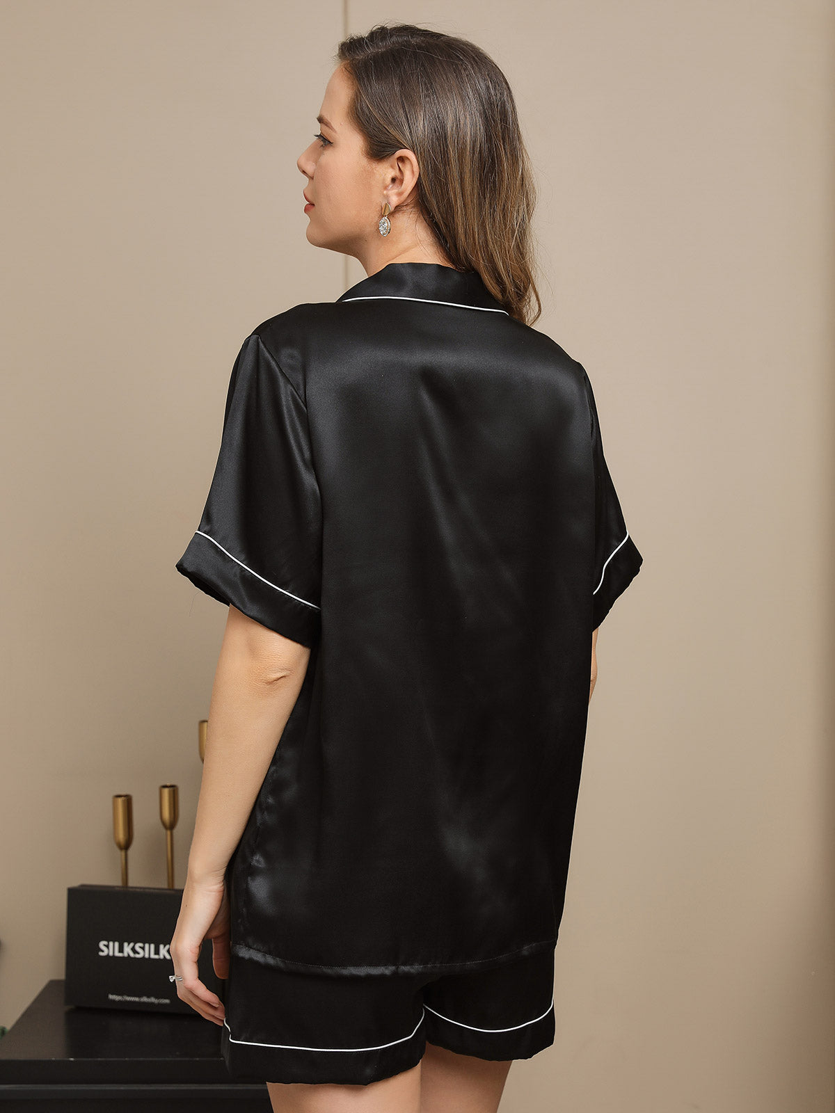 [Negro] SilkSilky-ES Seda Pura Womens Pajamas 002
