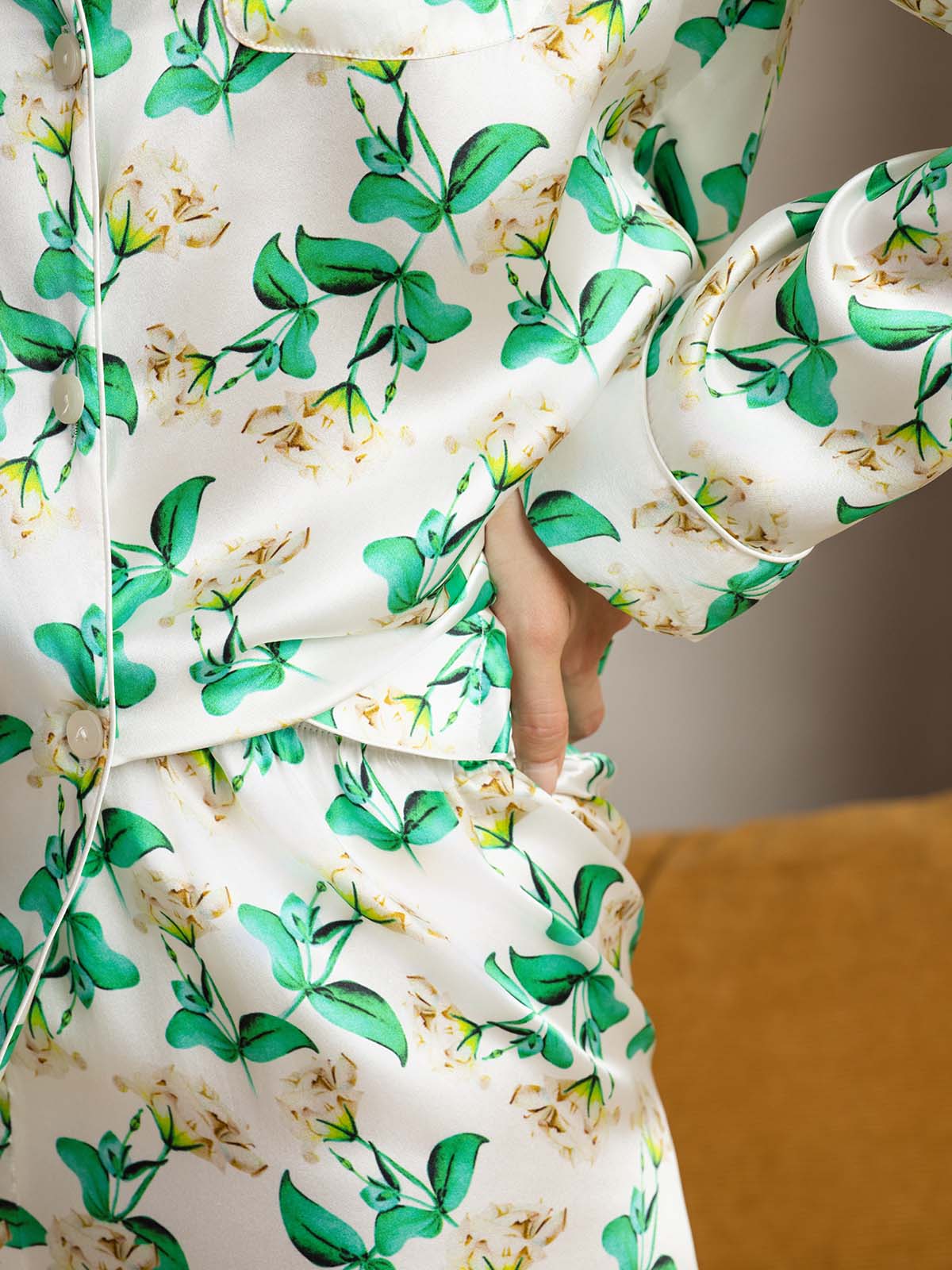 [Floral Verde] SilkSilky-ES Seda Pura Womens Pajamas 008