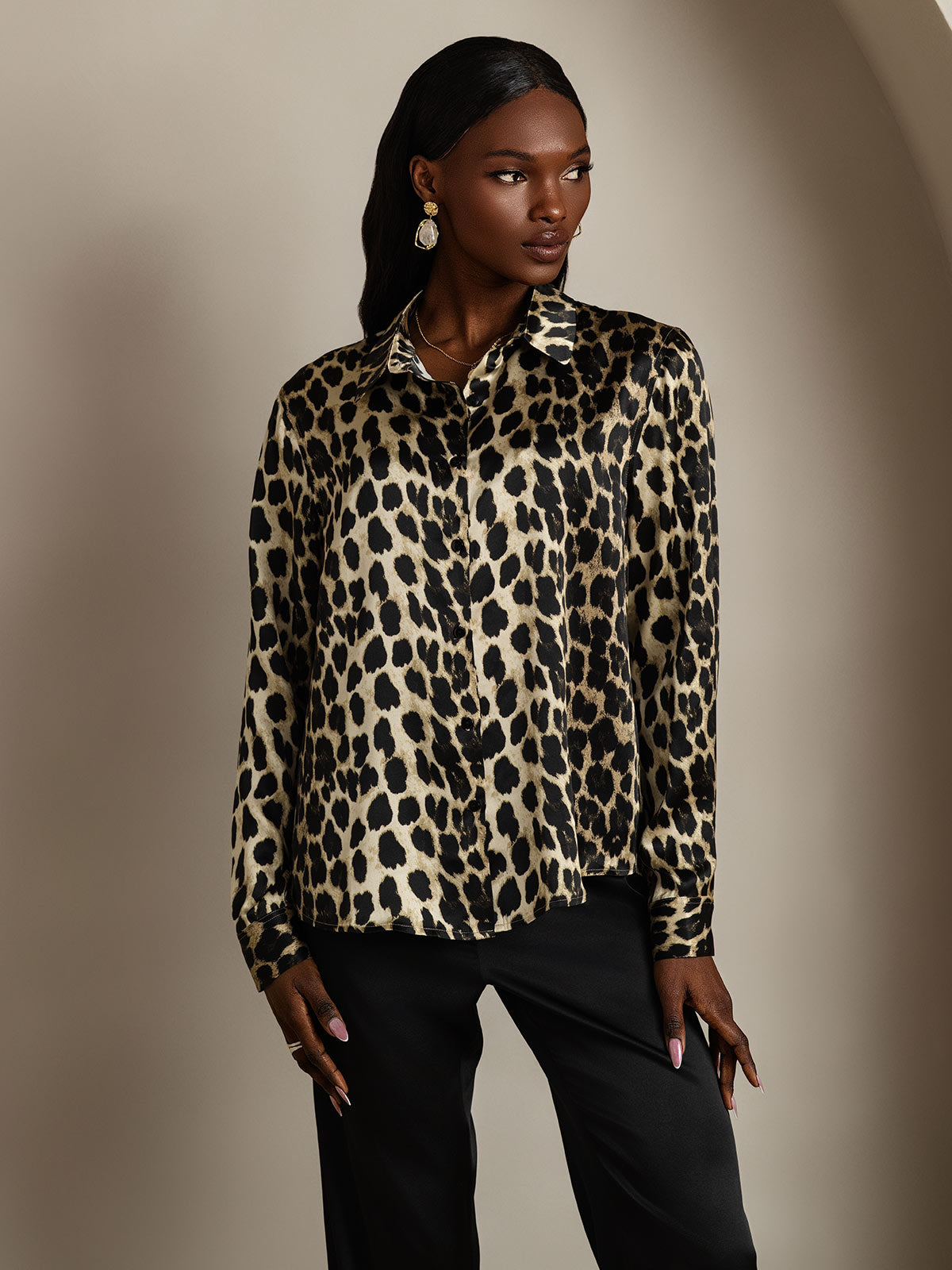 SilkSilky-ES Seda Manga larga Cuello Camisero Blusas de Mujer Leopardo 003