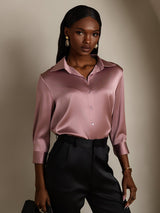 [Malva Pálido] SilkSilky-ES 3/4 Sleeve Lapel Collar Blusas de Mujer 001