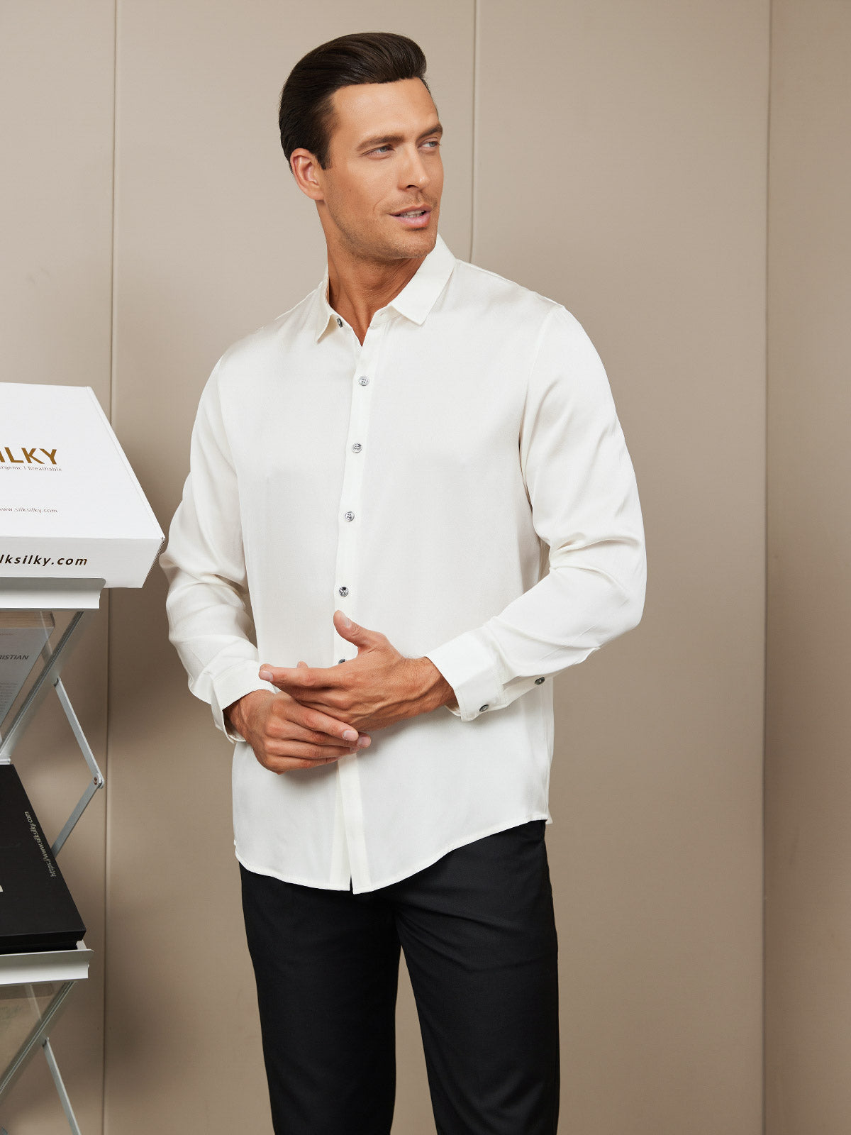 [Blanco] SilkSilky-ES Seda Cuello Camisero Camisa de hombre 003