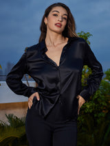 [Negro] SilkSilky-ES 19Momme Manga larga Cuello con Solapa Blusas de Mujer 001