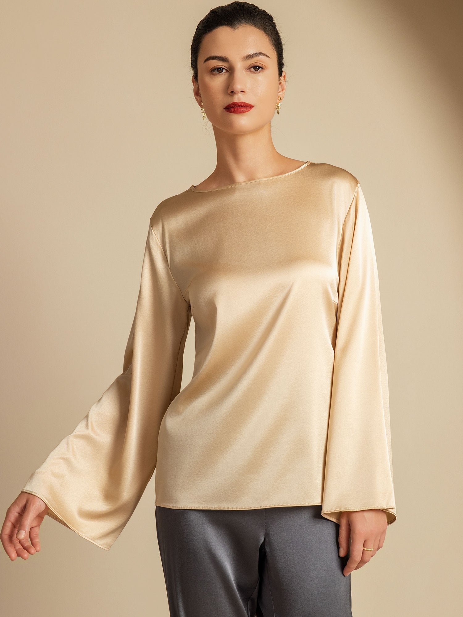 [Champán] SilkSilky-ES 19Momme Seda Womens T-Shirt 001