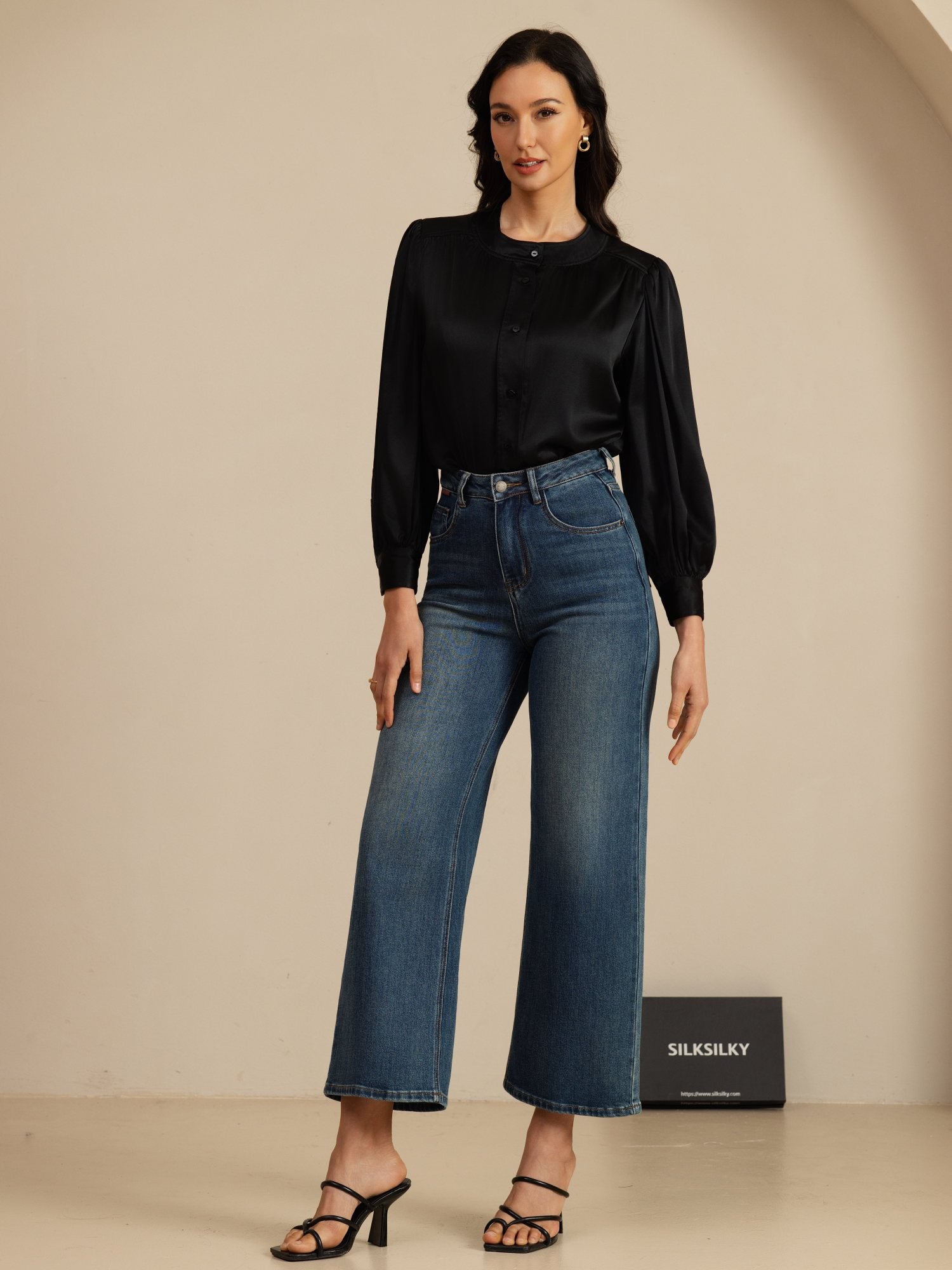 [Negro] SilkSilky-ES 19Momme Long Sleeve Round Neck Blusa 006